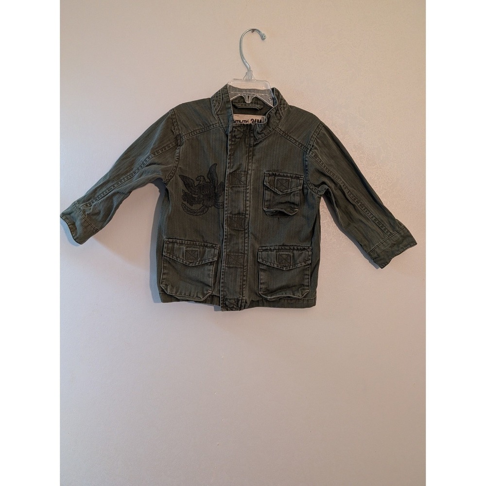 Utility Kids Olive Green Cotton‎ Field Jacket Full Zip Eagle Graphic 24M